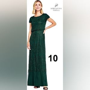 Adrianna Papell Short Sleeve Maxi Blouson Beaded Gown